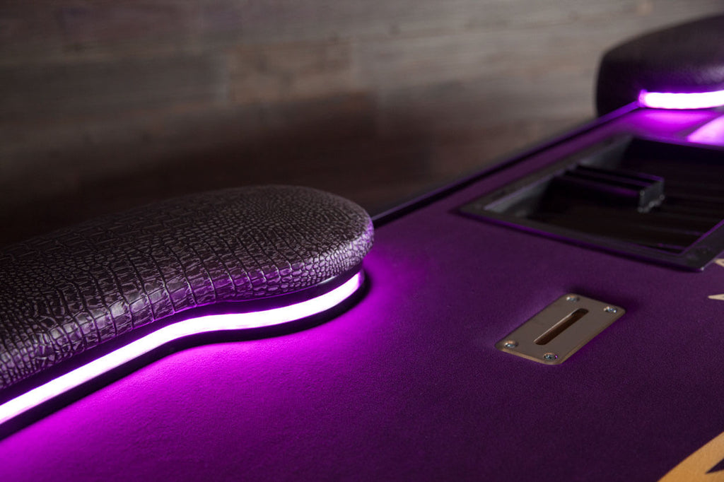 purple LED lights of the BBO Lumen HD LED Poker Table