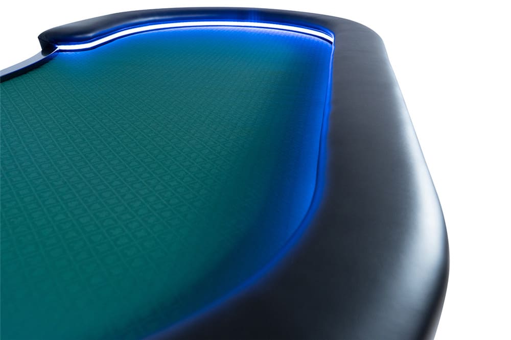 close up shot of the Aces Pro Alpha LED Poker Table with blue LED lights