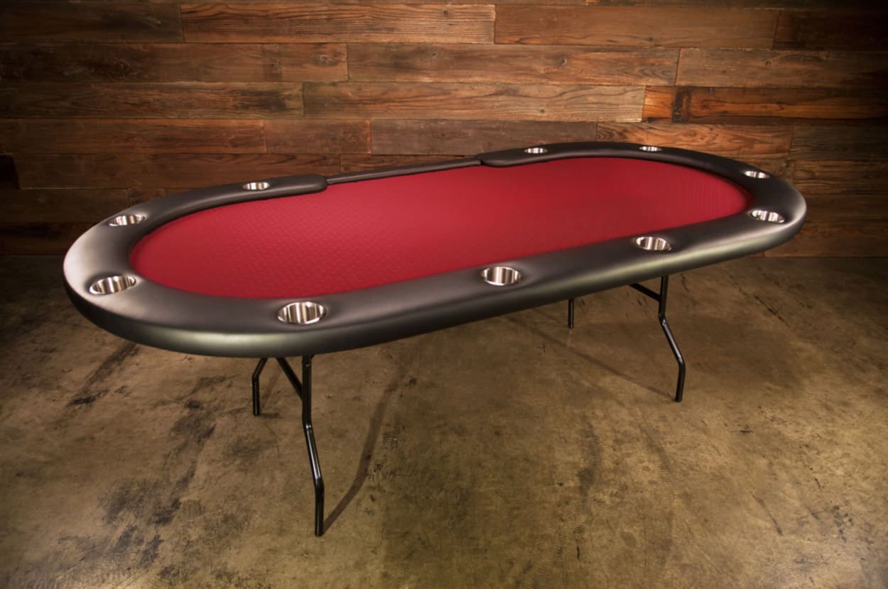 Aces Pro Tournament Poker Table in living room red surface in living room