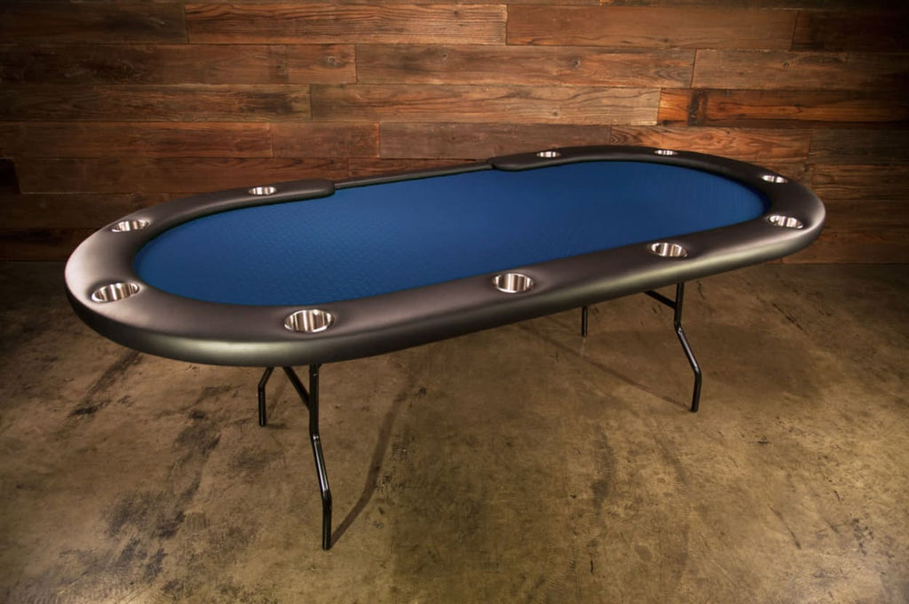Aces Pro Tournament Poker Table in living room blue playing surface in living room