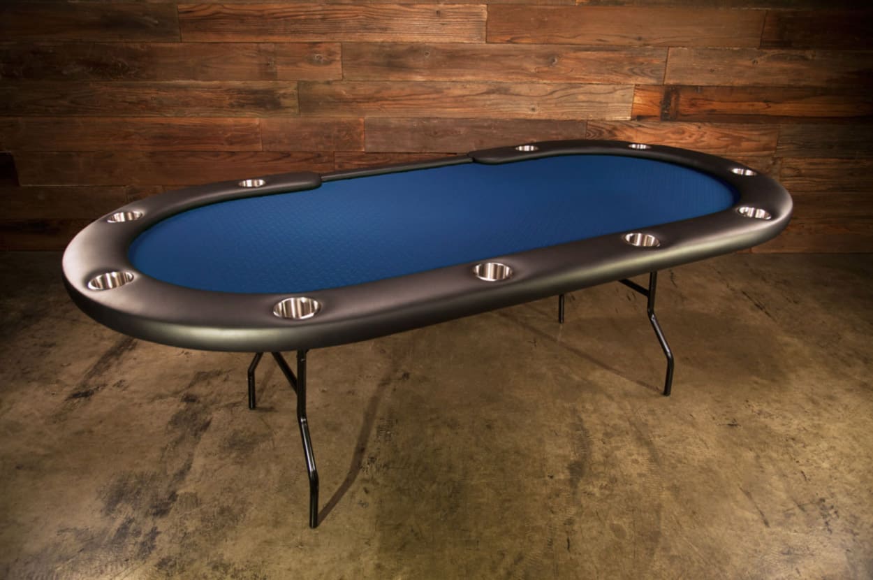 Aces Pro Tournament Poker Table in living room blue playing surface in living room