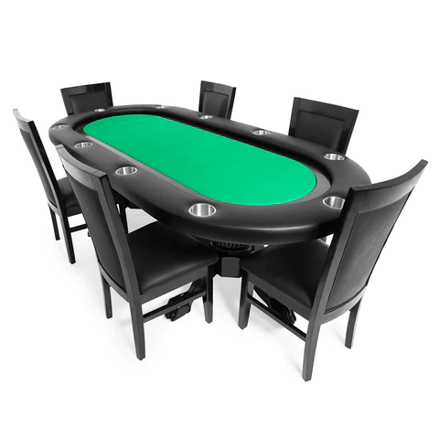 Elite 94" Sunken Playing Surface Poker Table (Black) in green surface with dining chairs
