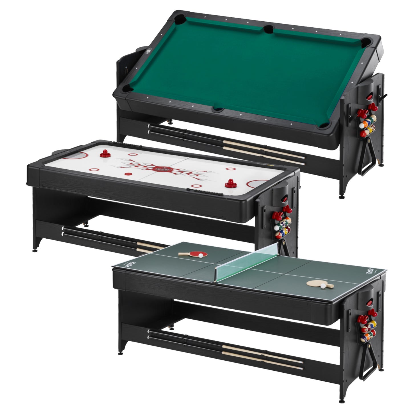 3 Fat Cat Original 3-in-1 Blue 7' Pockey™ Multi-Game Tables showing all of the table settings from billiard to air hockey to ping pong