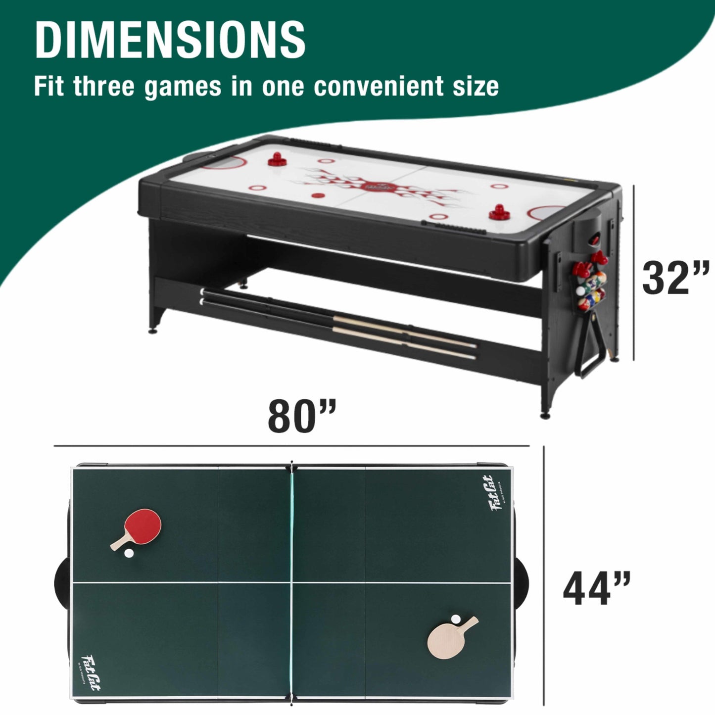 the dimensions of the Fat Cat Original 3-in-1 Blue 7' Pockey™ Multi-Game Table