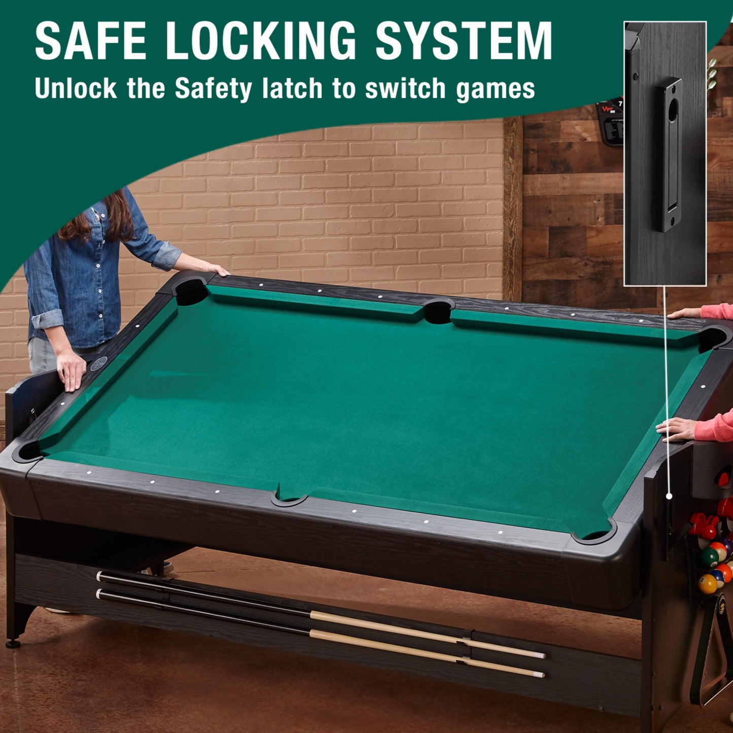 safe locking system of the Fat Cat Original 3-in-1 Blue 7' Pockey™ Multi-Game Table 