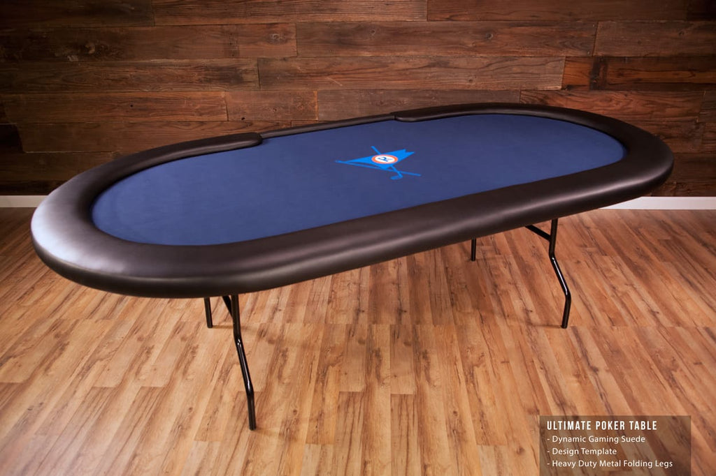 Aces Pro Tournament Poker Table in living room custom blue design