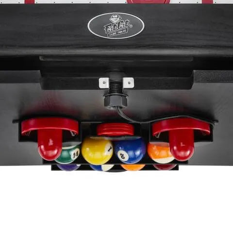 Fat Cat Original 3-in-1 Blue 7' Pockey™ Multi-Game Table compartment showing the air hockey pushers and billiard balls