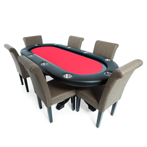 Elite 94" Sunken Playing Surface Poker Table (Black) in red surface with dining chairs setup