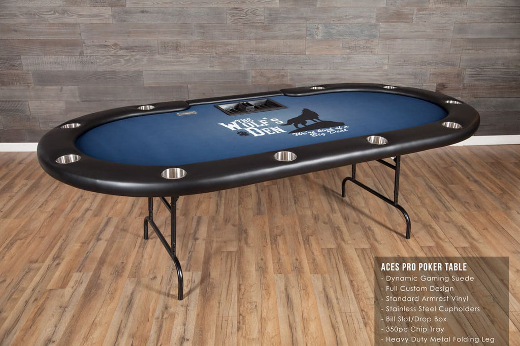 Aces Pro Tournament Poker Table in living room black and blue custom design