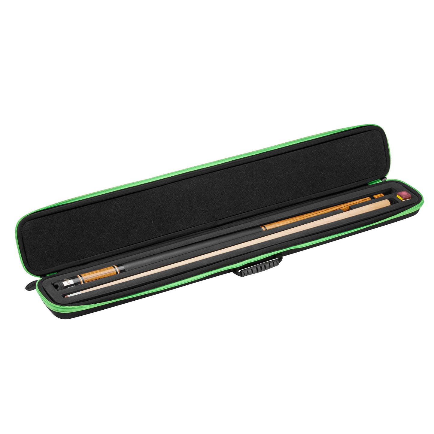 Casemaster Parallax Cue Case Green opened showing 2 cue sticks and chalk inside