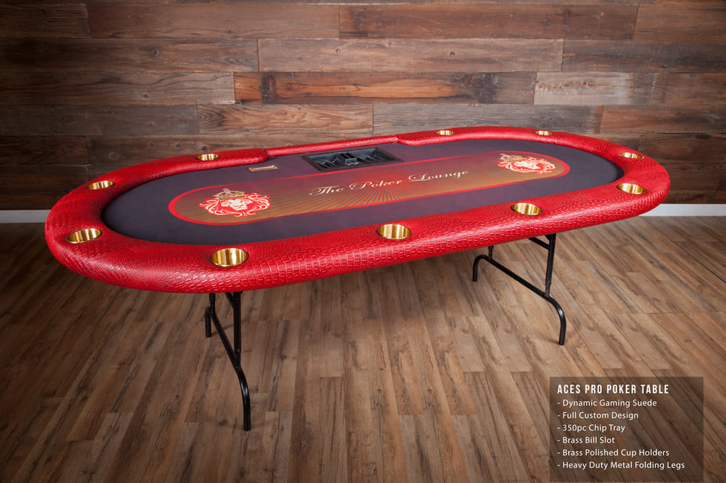 Aces Pro Tournament Poker Table in living room custom red design with 350pc chip tray