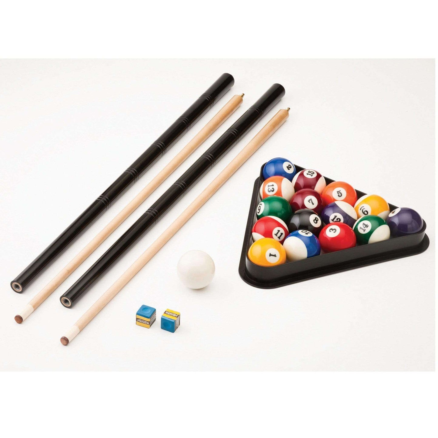 accessories of the Fat Cat Tucson 7' Pool Table with Ball Return cue sticks balls and chalk