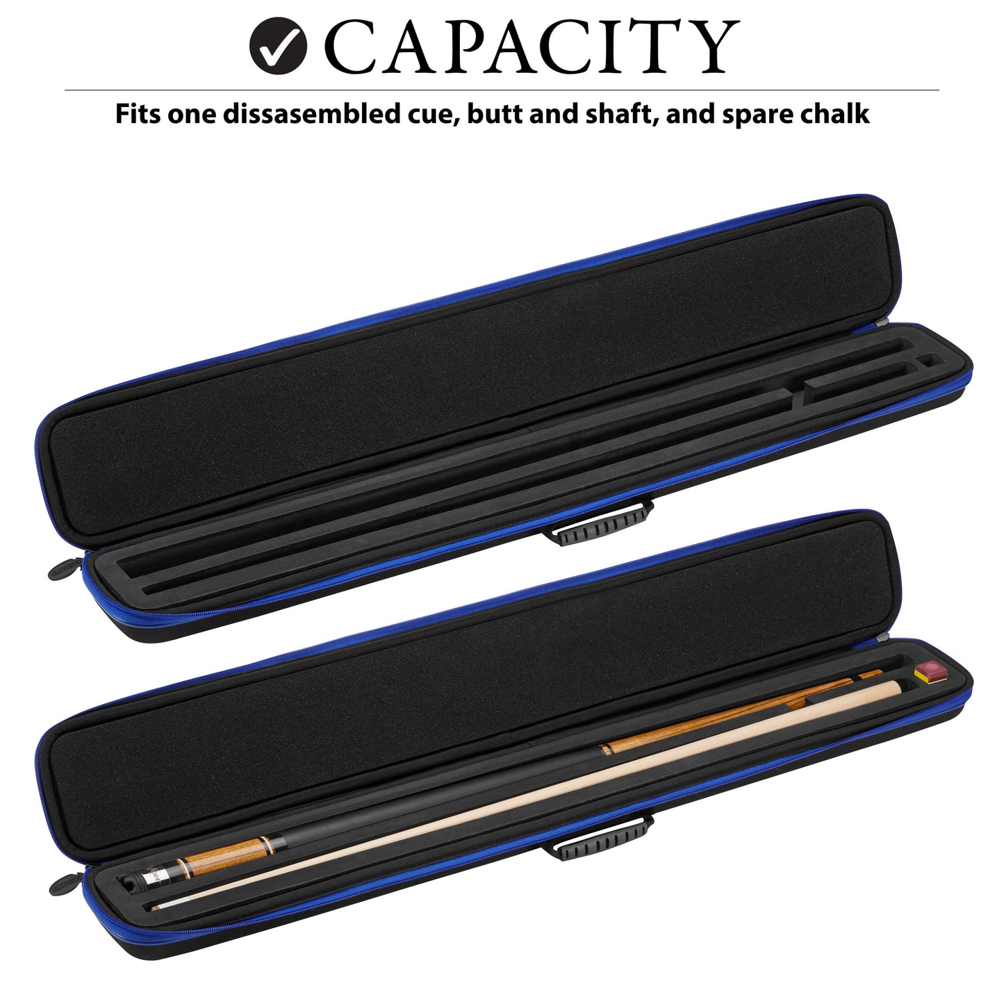 Casemaster Parallax Cue Case Blue showing the large capacity with 2 pool cue sticks