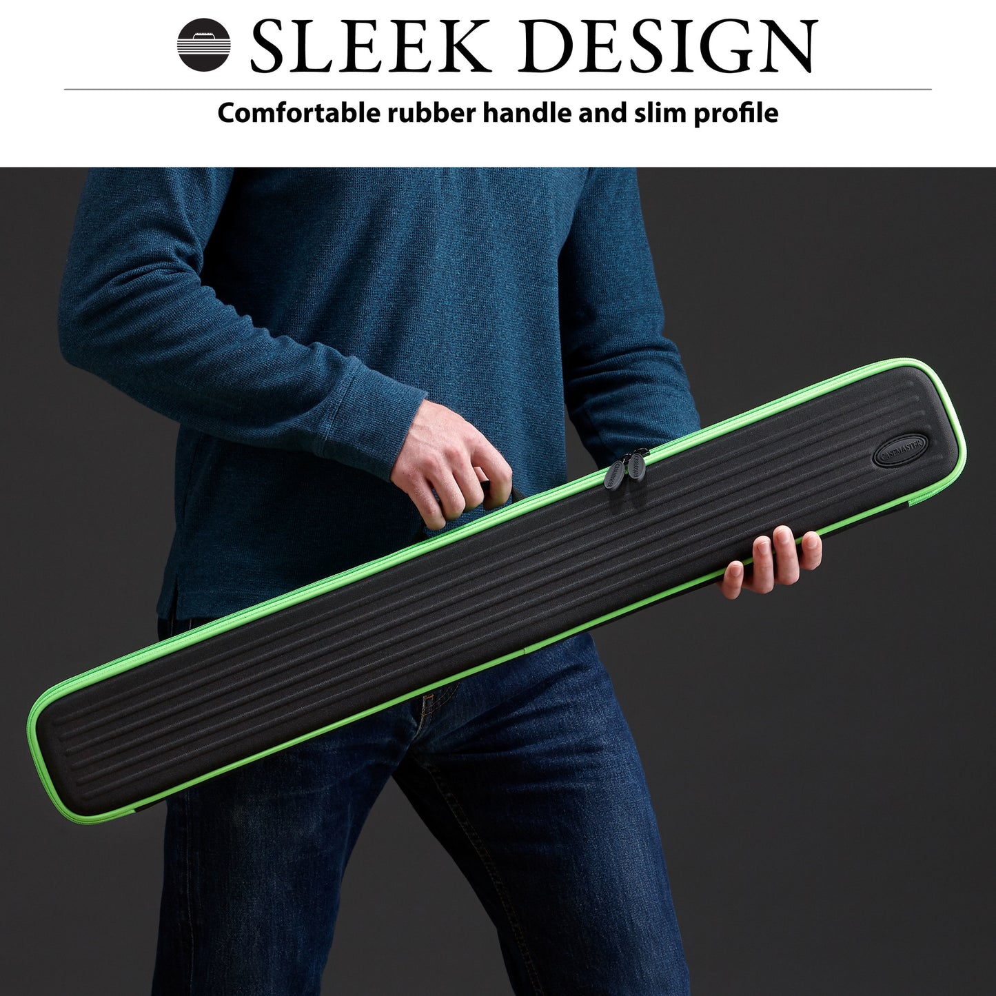 Casemaster Parallax Cue Case Green hand carried by a person showing the sleek design and comfortable rubber handle