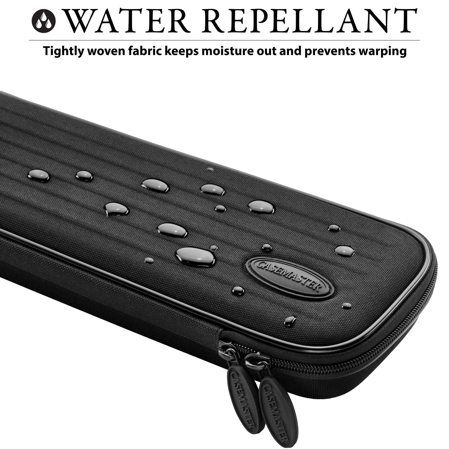 Casemaster Parallax Cue Case Black showing the water-repellant features