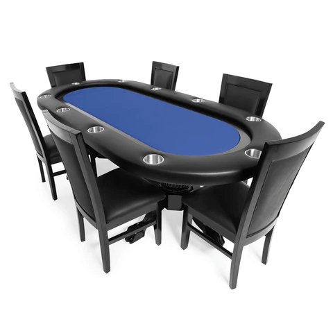 Elite 94" Sunken Playing Surface Poker Table (Black) in blue with dining chairs