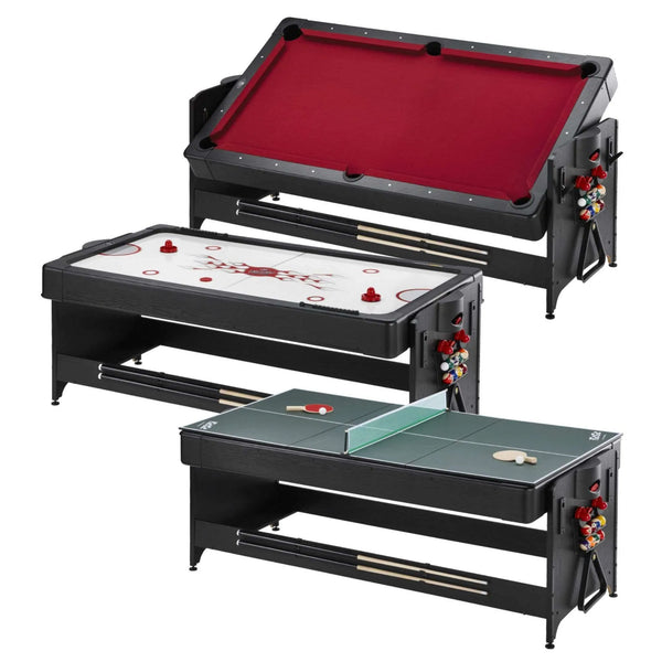 the Fat Cat Original 3-in-1 Red 7' Pockey™ Multi-Game Table showing all the table sides from billiards pool to air hockey to ping pong table tennis