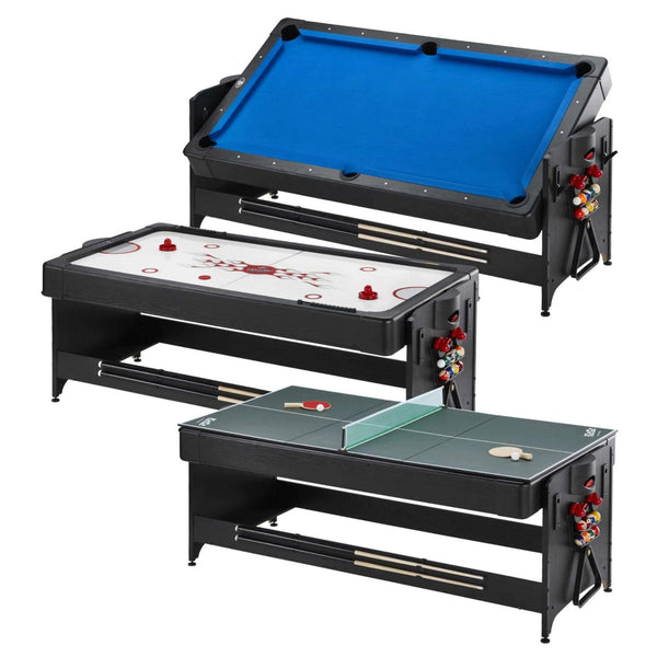 3 tables of the Fat Cat Original 3-in-1 Blue 7' Pockey™ Multi-Game Table showing all the games air hockey billiards and ping pong