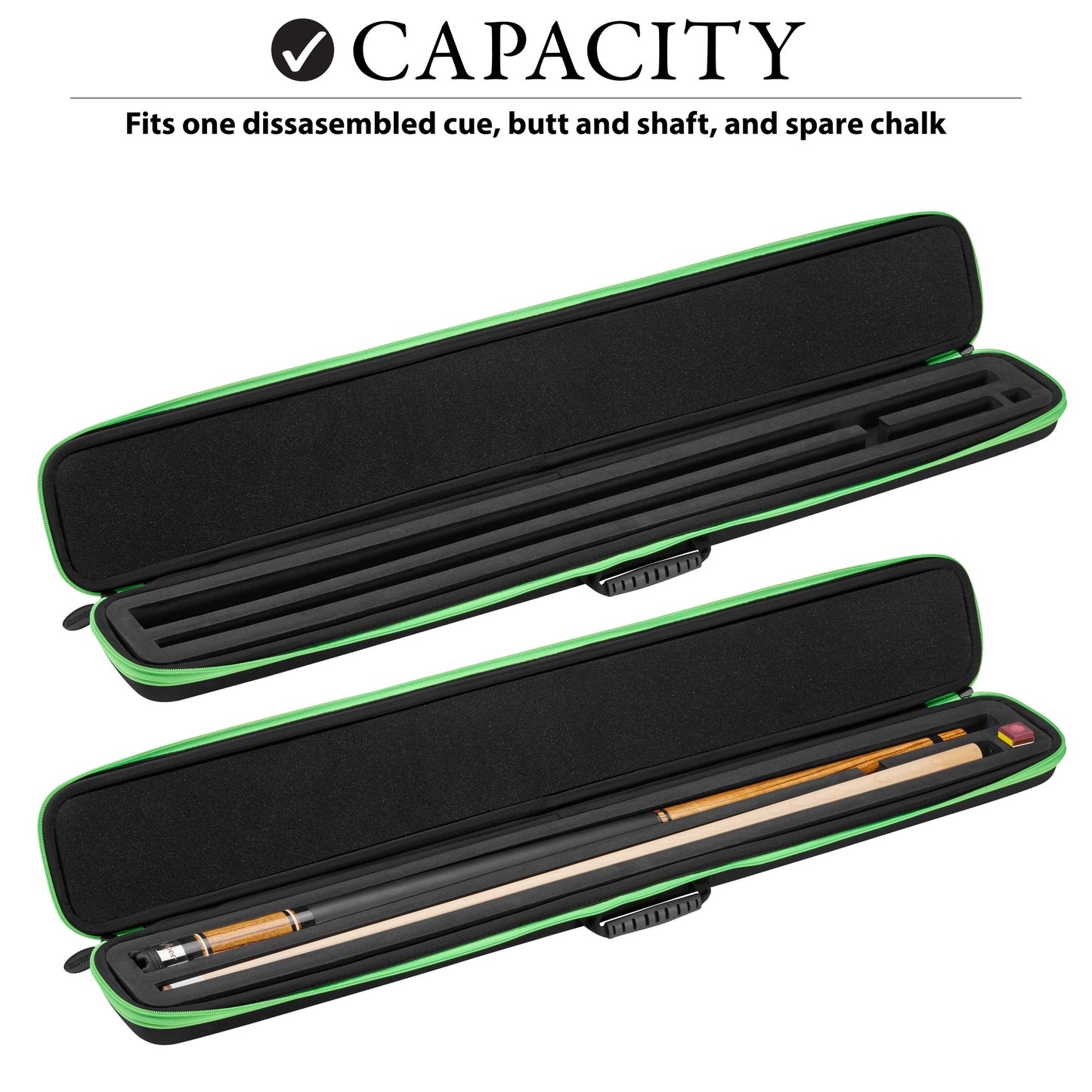 Casemaster Parallax Cue Case Green open showing the large capacity and 2 cue sticks inside with chalk