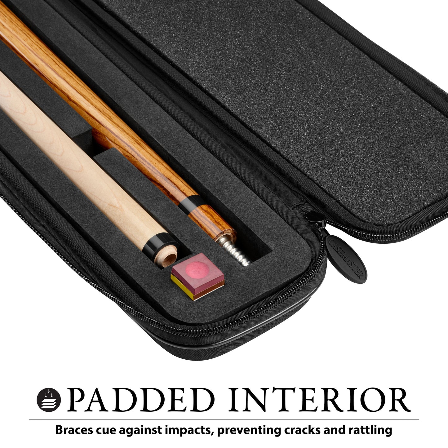 Casemaster Parallax Cue Case Blue showing off the padded interior with 2 pool cue sticks